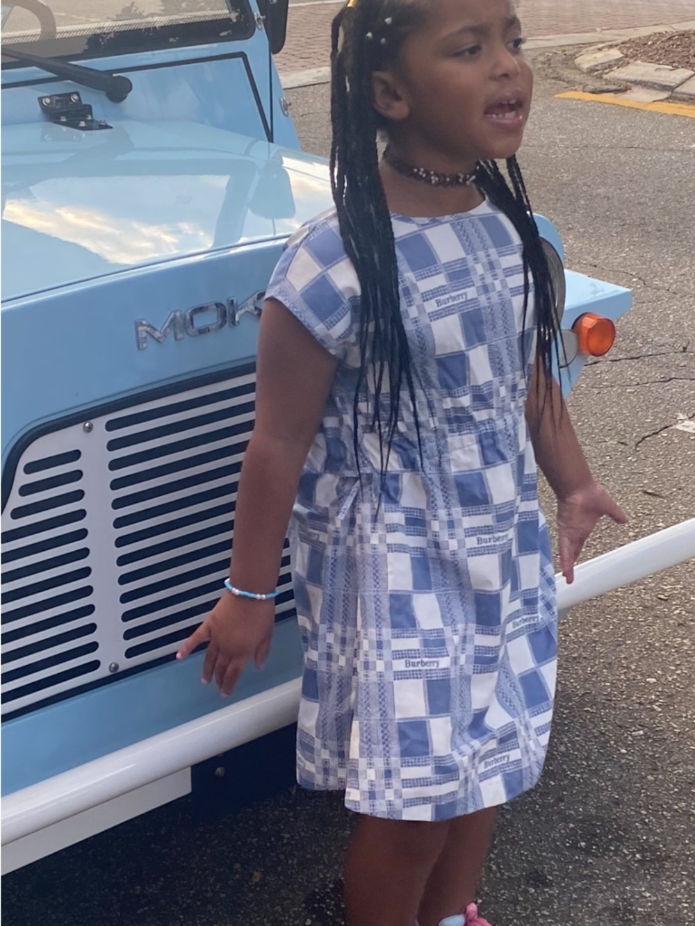 Burberry Girls' Light Blue and White Plaid Cotton Dress. New with tags.